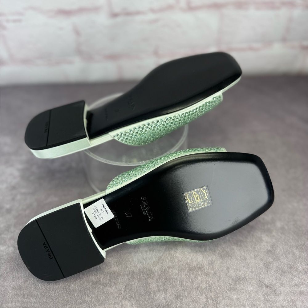 Prada Satin Crystal Embellished Green Slide Mules Sandals 37 NEW - Picture 7 of 9